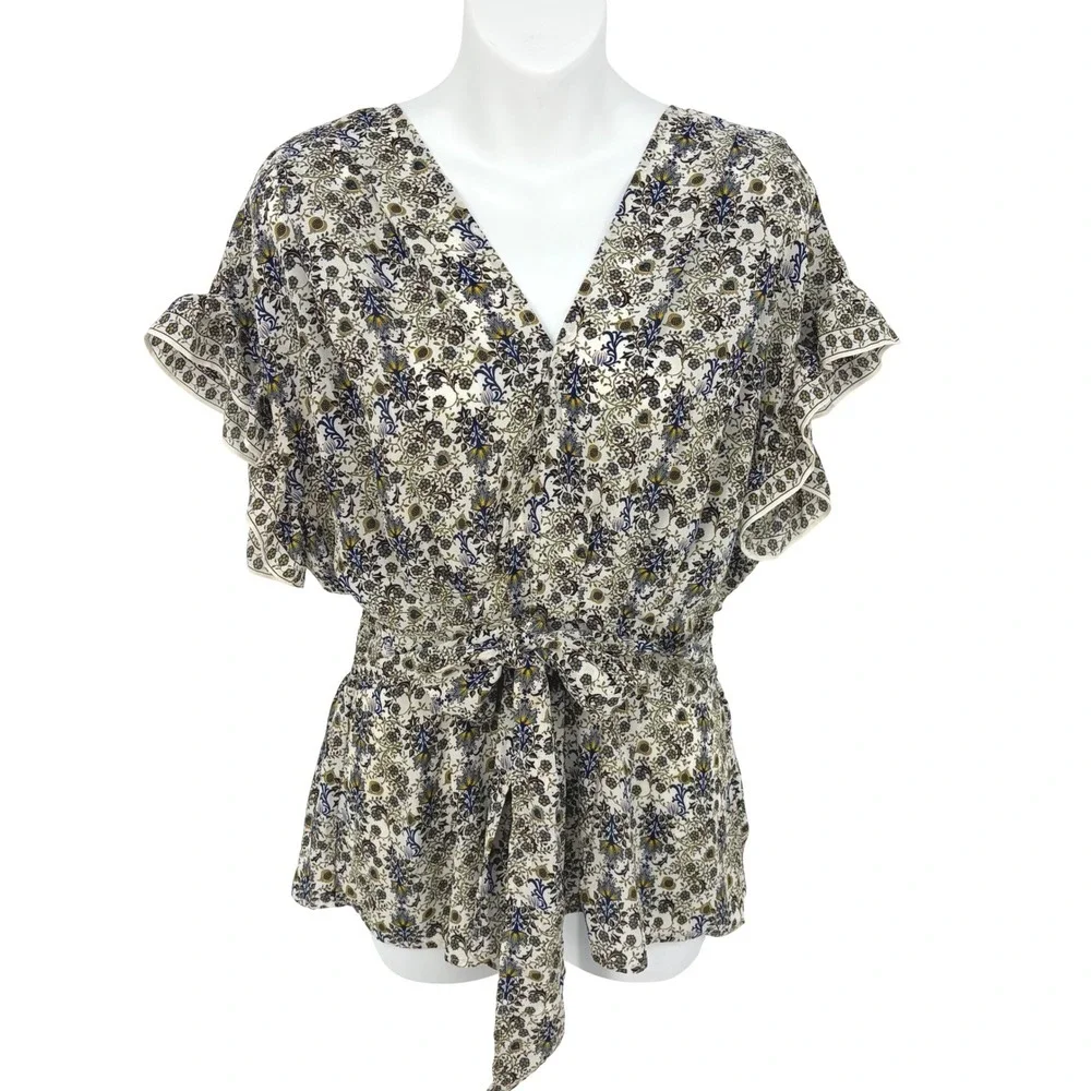 Blouse Womens Small Garden Floral Flutter Sleeve Tie Waist Boho Chic Teacher - Picture 1 of 11
